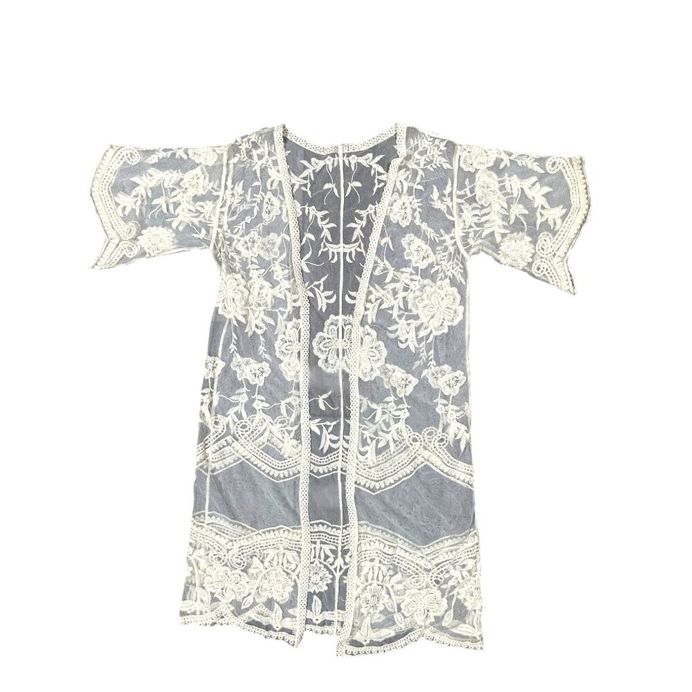 CCC Sheer Ivory Floral Embroidered Long Kimono Cardigan Cover Up Poncho Shawl OS - Picture 5 of 8